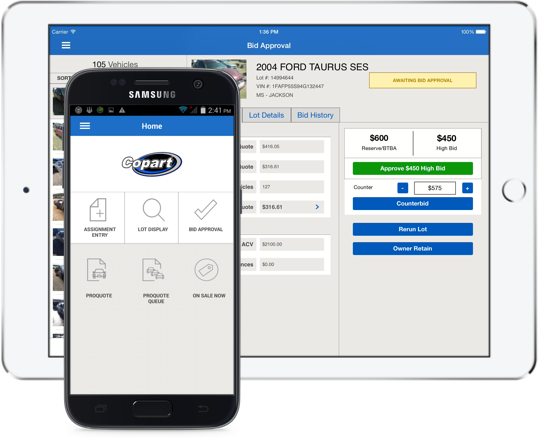 Copart mobile app on Samsung phone and Copart on tablet